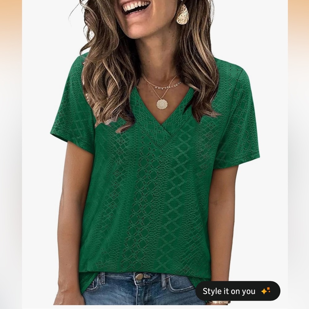 V-Neck Short Sleeve Lace-Panel and Top - Green